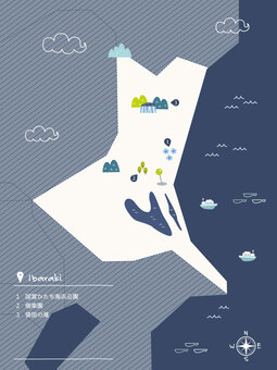 景勝地入り白抜き日本地図-08【茨城】 地図,茨城,景勝地,山,海,湖,雲,魚,船,白抜きのイラスト素材