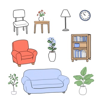 リビングルームとソファのイラストセット
