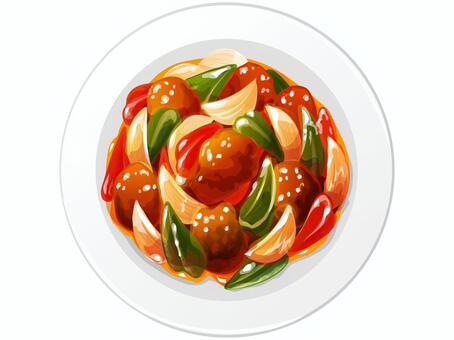 酢豚2 酢豚,豚肉,ピーマン,パプリカ,玉ねぎ,甘酢あん,中華料理,料理,食べ物,皿のイラスト素材