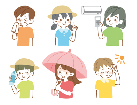 熱中症対策・夏バテ　子どもの表情セット 熱中症,夏,暑い,対策,子ども,男の子,女の子,小学生,幼稚園児,人物のイラスト素材