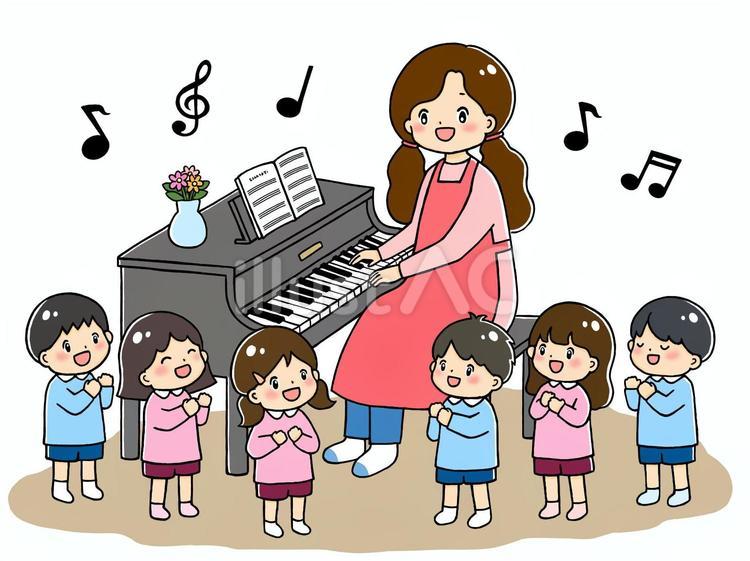 先生のピアノ伴奏で歌を歌う幼稚園児 子ども,幼稚園児,幼稚園のイラスト素材