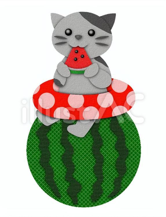 スイカねこ４（貼り絵風） 浮き輪,スイカ,猫のイラスト素材