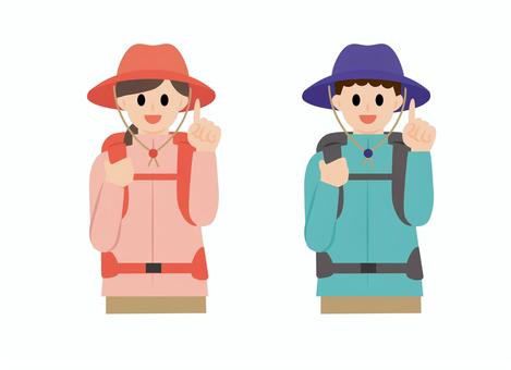登山の恰好男女指さし　塗 登山家,自然,登山,ハイキング,アウトドア,人,笑顔,男性,女性,帽子のイラスト素材