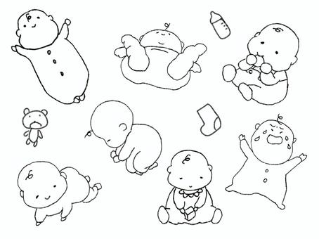 ゆるゆる赤ちゃん(モノクロ) 赤ちゃん,ハイハイ,泣く,手描き,モノクロ,哺乳瓶のイラスト素材