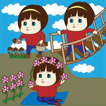 785ボブガール 785ボブガール 女の子,ボブヘアー,髪飾り,髪型,花,自然,きのこ,橋,屋外,休日のイラスト素材