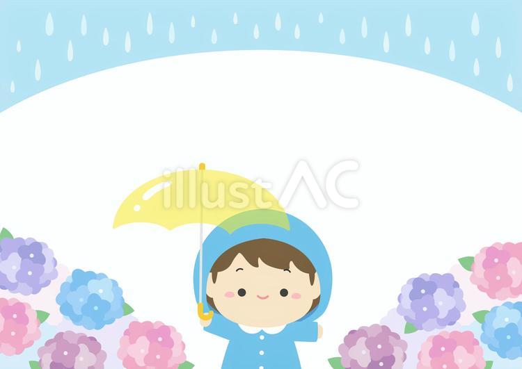 あじさいと雨と子供の梅雨のイラスト 梅雨,雨,あじさいのイラスト素材