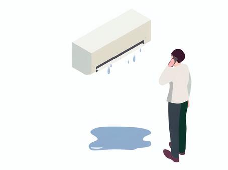 エアコンの水漏れと電話する男性 電化製品,機械,エアコン,冷房,水漏れ,トラブル,家電,アイソメ,おしゃれ,故障のイラスト素材