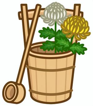 桶に入った菊 桶,杓子,手桶,法事,仏事,墓参り,風習,お盆,菊,花のイラスト素材