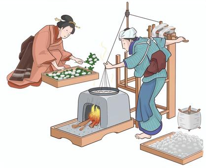 江戸時代　養蚕家内作業 養蚕,江戸時代,家内,仕事,釜,ゆでる,糸,飼育のイラスト素材