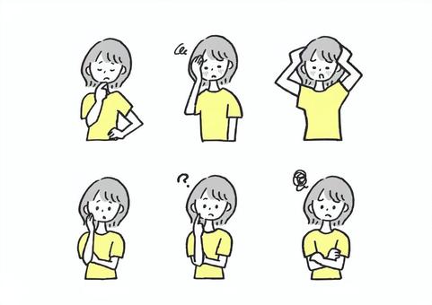 悩み・考え中の女の子ポーズ中 女の子,考え中,悩み,疑問,頭痛,困ったのイラスト素材