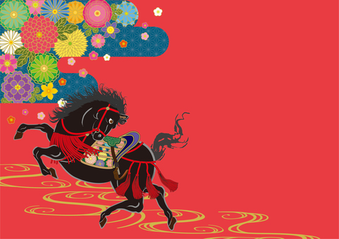 馬イラスト39 馬,黒馬,見返り,午,干支,十二支,午年,菊,梅,桔梗のイラスト素材