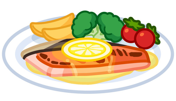 鮭のムニエルのイラスト 鮭のムニエル,シャケ,魚,魚料理,食事,食品,昼食,夕飯,晩御飯,家庭料理のイラスト素材