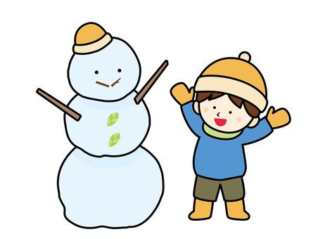 雪だるま完成させて嬉しい男の子、線あり 雪だるま,嬉しい,完成,成功,男の子,少年,こども,人物,幼い,小学生のイラスト素材