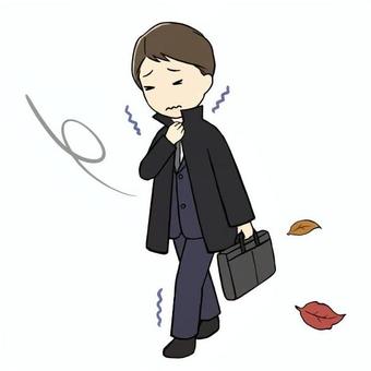 寒がりながら出勤する会社員男性 寒い,寒がる,歩く,木枯らし,北風,会社員,男性,スーツ,コート,通勤のイラスト素材