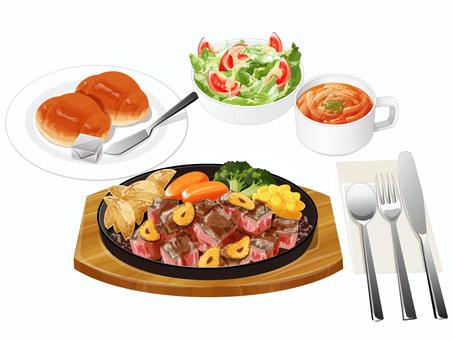 サイコロステーキセット2 ステーキセット,サイコロステーキ,ファミレス,料理,食べ物,ステーキ,オニオンスープ,サラダ,バターロール,バターのイラスト素材