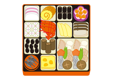 おせち料理＜セット＞ お正月,おせち料理,かまぼこ,伊達巻,昆布巻き,いくら,もち麩,えび,数の子,ぶりのイラスト素材