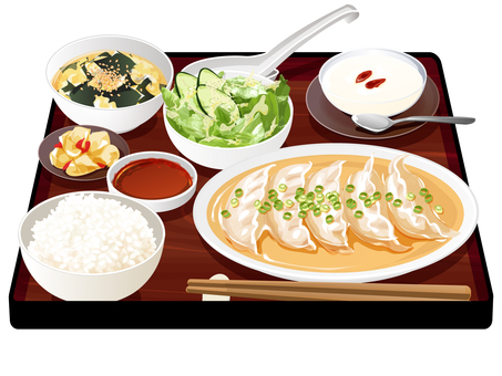 水餃子定食 水餃子,定食,中華料理,料理,食べ物,餃子,ご飯,米,ワカメスープ,ザーサイのイラスト素材