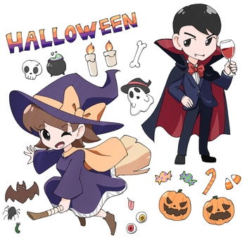 ハロウィンセット1 ハロウィンセット1 ハロウィン,10月,魔女,魔法使い,ほうき,イベント,カボチャ,ロウソク,お化け,幽霊のイラスト素材