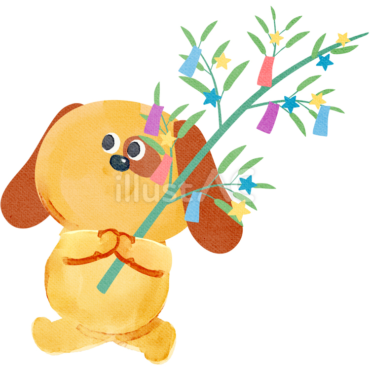 水彩画_七夕の笹を持つ犬_01 犬,動物,手描きのイラスト素材