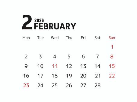 2026年2月のシンプルなカレンダー カレンダー,2月,2026,月間,シンプル,月別,月毎,冬,スケジュール,暦のイラスト素材