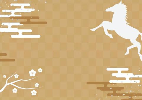 午年の正月のおしゃれな金色の和風背景素材 正月,午年,和風,和柄,馬,雲,梅,枝,紙吹雪,金色のイラスト素材