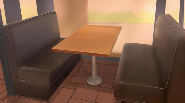 店内のボックス席　夕背景イラスト テーブル席,ボックス席,ファミレス,喫茶店,飲食店,席,ソファー,お店,店内,中のイラスト素材