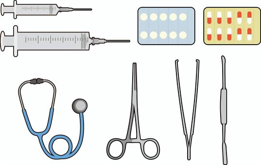医療セット 医療,医療器具,薬,注射,聴診器のイラスト素材