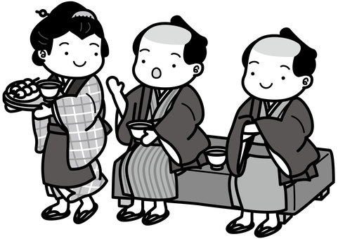 団子屋-2c 団子屋,客,茶屋娘,店員,団子,串団子,お茶,湯のみ,茶碗,皿のイラスト素材