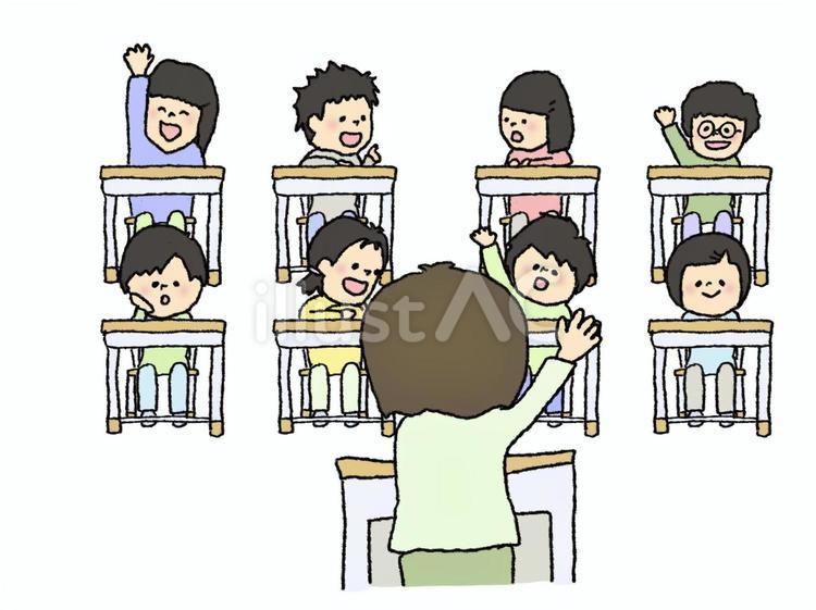 先生と椅子に座る生徒たち 小学生,挙手,学習風景のイラスト素材