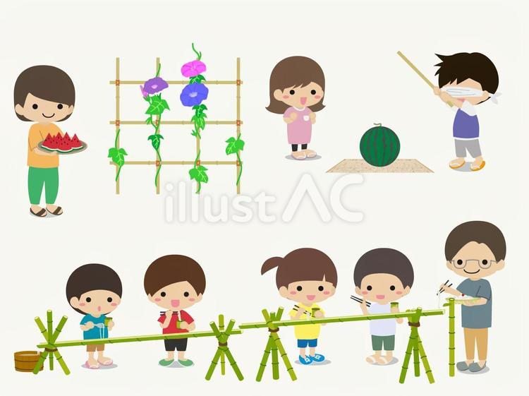 流しそうめんとすいか割り 園児,乳児,幼児のイラスト素材