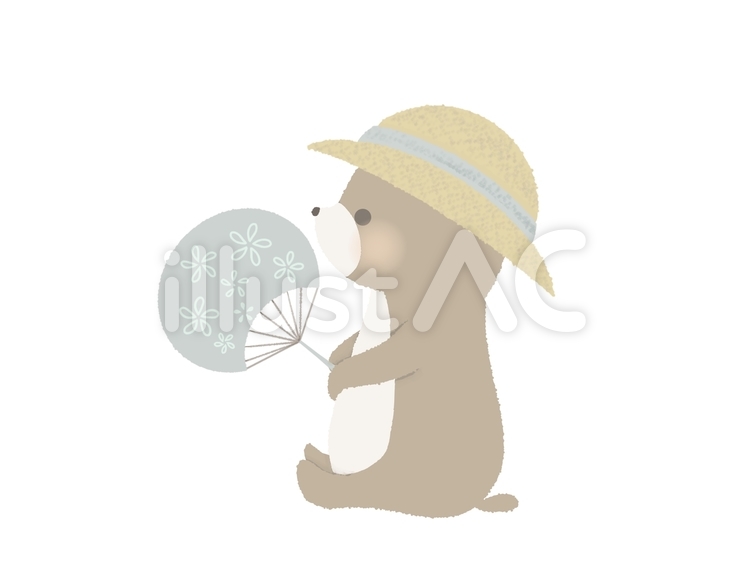 うちわを持つクマのイラスト　線なし うちわ,クマ,帽子のイラスト素材