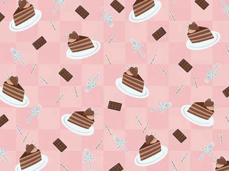 チョコケーキ（ピンク）背景 チョコケーキ,チョコレート,ハート,チョコ,板,巻き,くるくる,フォーク,リボン,市松模様のイラスト素材