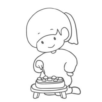 たこ焼きを作る女の子 線画 たこ焼き,調理,料理,女の子,子ども,たこ焼き器,線画,モノクロ,シンプル,カットイラストのイラスト素材