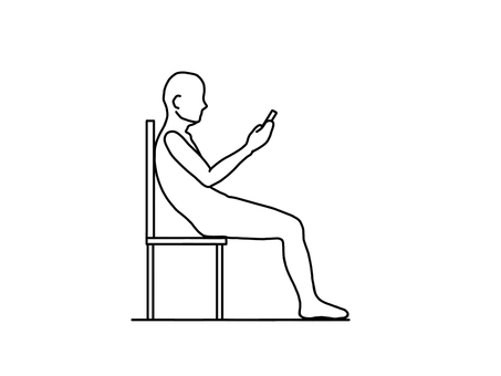ずり落ちそうな座り方でスマホを見る人 ずり落ちそうな座り方でスマホを見る人 座位,スマホ,悪姿勢,骨盤後傾,横向き,線画,白黒のイラスト素材