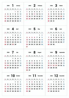 2026年1月始まりカレンダー（英語） カレンダー,年間,2026年,日曜始まり,スケジュール,ベクター,白背景,透過のイラスト素材