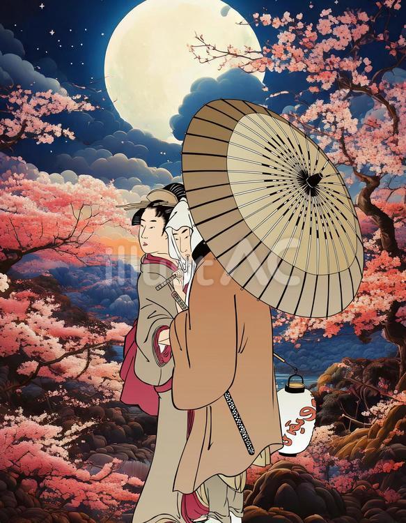 月と夜桜見物 浮世絵,月,桜のイラスト素材