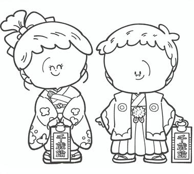 七五三の白黒手描きイラスト2 七五三,白黒,モノクロ,行事,子ども,11月,着物,秋,男の子,女の子のイラスト素材