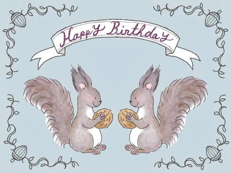 ハッピーバースデー5 ハッピーバースデー,バースデーカード,カード,エゾリス,リス,2匹,リボン,お誕生日,祝う,シックのイラスト素材