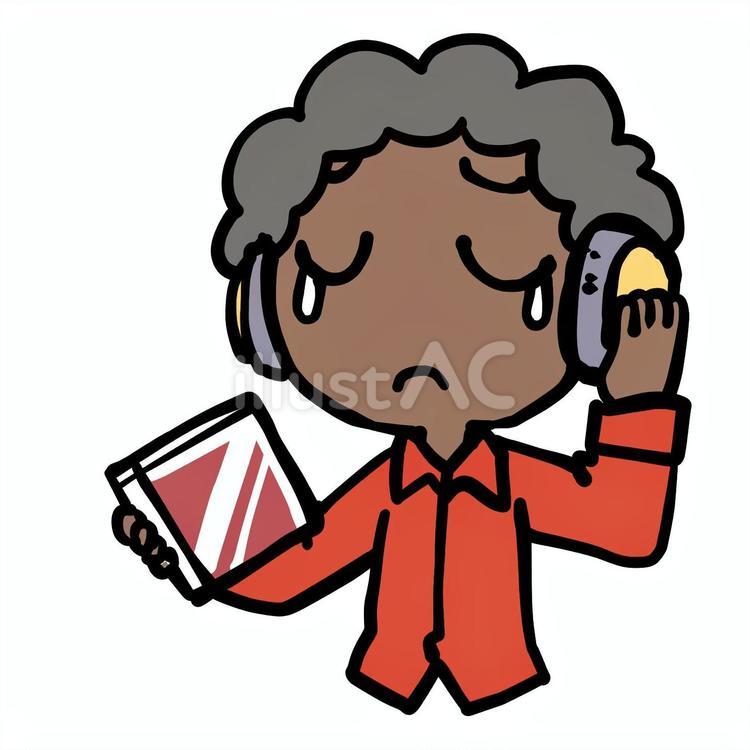 泣いてCDを聴くアフロ男性 アフロ,泣く,cdのイラスト素材