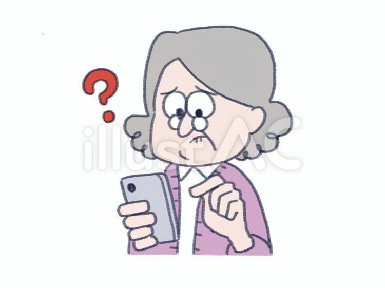 スマホ操作に疑問を持つおばあちゃん スマホ,スマートフォン,おばあちゃんのイラスト素材