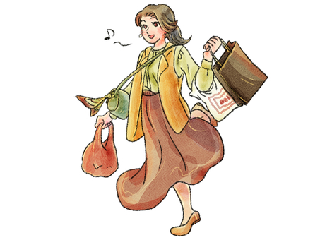 買い物でご機嫌な女性・背景なし 人物,人,女,女性,女の子,女の人,全身,スキップ,嬉しい,買い物のイラスト素材