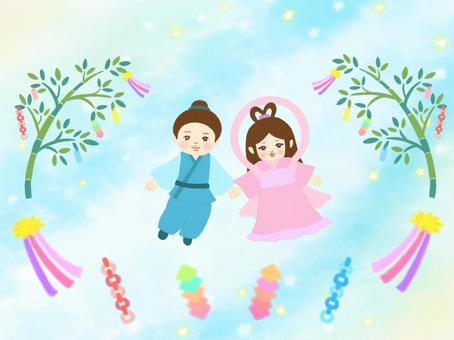 七夕 七夕,おりひめ,ひこぼし,たんざく,笹の葉,天の川,夏,7月7日,男の子,女の子のイラスト素材