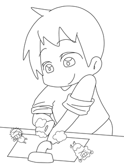 手洗いをする男の子 手洗い,健康,ミニキャラ,男の子,塗り絵,風邪予防のイラスト素材