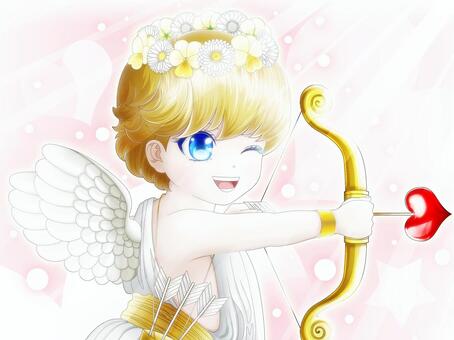 Cupid upper body with a gold bow and arrow up, cupidon, archet et flèche d'or, un sourire, JPG