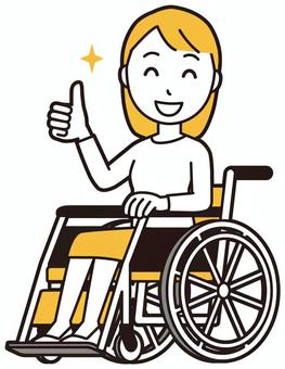  ロングヘア女性(黄)-290-全身 車いす,女性,女の子,人物,かわいい,障害者,車椅子,座る,グッドサイン,いいねのイラスト素材