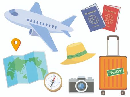 旅行グッズいろいろ 旅行,飛行機,パスポート,地図,スーツケース,旅行カバン,ステッカー,カメラ,方位磁石,帽子のイラスト素材