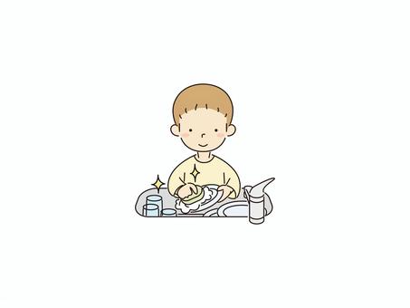 食器洗いをする少年  掃除,家事,食器洗い,少年,日常,ほっこり,清潔,手仕事,小学生,家庭のイラスト素材