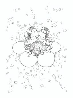 双子の天使と花のメルヘンな塗り絵 塗り絵,大人向け,メルヘン,可愛い,ファンタジー,天使,双子,妖精,花,線画のイラスト素材