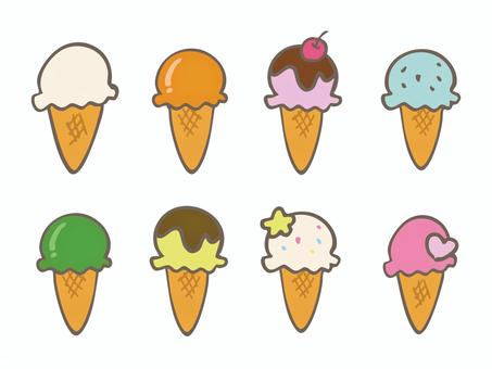 アイスクリームセット アイスクリーム,アイス,コーン,バニラアイス,抹茶アイス,チョコミント,ホッピングシャワー,ストロベリーフレーバー,オレンジフレーバー,夏のイラスト素材