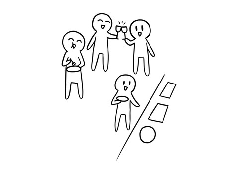 立食パーティを楽しむ人たちのイラスト 立食,棒人間,複数人,ゆるい,手描き,シンプル,イラストのイラスト素材